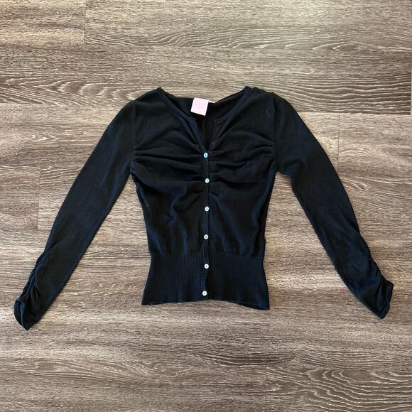 Vintage Fast Forward NYC Black Cardigan Girls Size 16 Ruched Long Sleeve V Neck - Picture 2 of 9